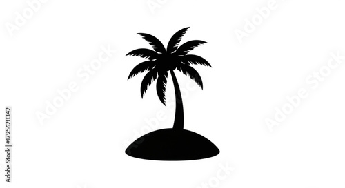 Silhouette of a palm tree on a small island against a white background in a minimalist style graphic