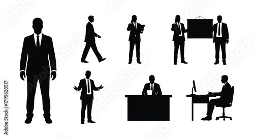 Silhouettes of business people in various professional poses and settings