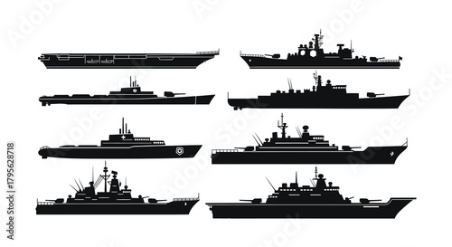 Silhouettes of various naval warships and vessels in a dark monochrome style