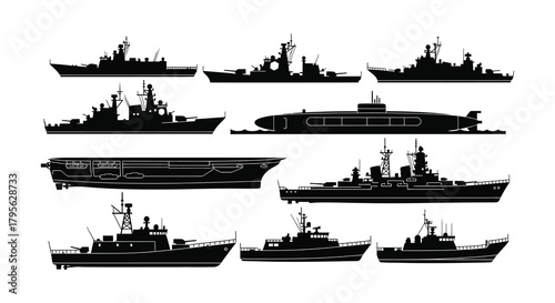 Silhouettes of various naval warships and vessels in a dark monochrome style