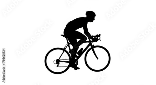 Silhouette of a cyclist riding a bicycle with helmet and water bottle on a white background image view