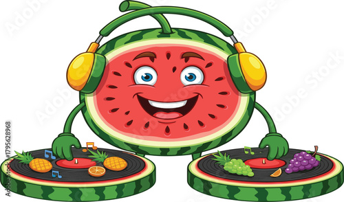 Funny watermelon DJ cartoon with headphones mixing fruits on turntables, summer party music illustration, creative fruit character design