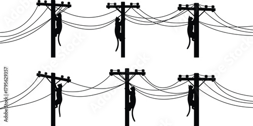 Silhouette cats climbing utility poles with power lines, playful animal interaction scene, humorous vector illustration for stock content on wildlife and energy infrastructure