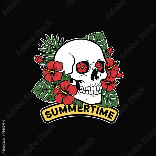 Skull with tropical flowers and summer text graphic
