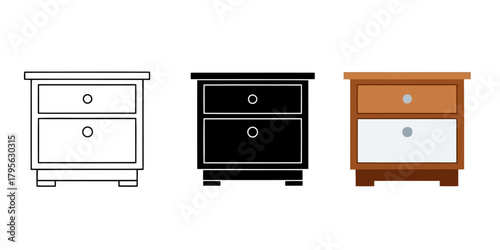 Simple line drawing of a two drawer nightstand Vector Illustration in 3 Style, Line Art Silhouette and  Color Vector graphic design resource