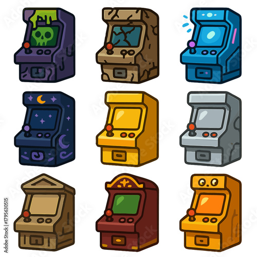 Colorful retro arcade machines with unique designs and themes
