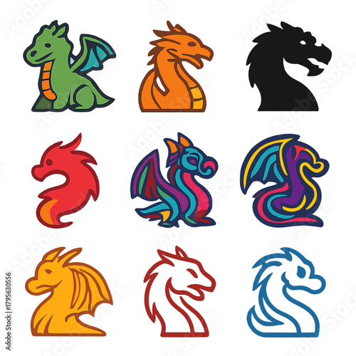 Vibrant cartoon dragon icons displayed in varied colors and styles