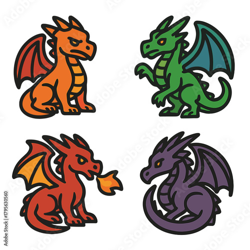 Colorful cartoon dragons set with various poses
