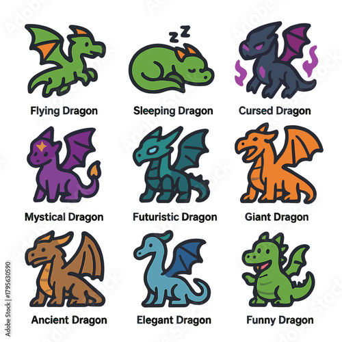 Colorful cartoon dragons collection featuring various styles and personalities