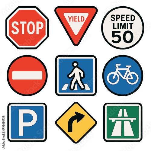 Collection of various traffic signs for road safety and navigation