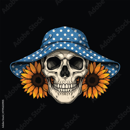 Skull wearing a polka dot hat with sunflowers