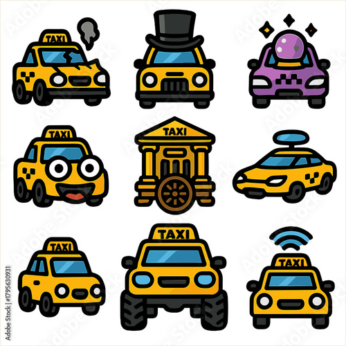 Playful yellow taxis and iconic vehicles with unique cartoon personalities