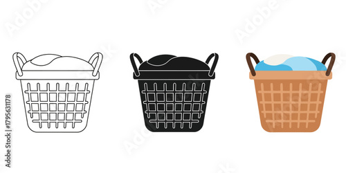 Laundry basket Vector Illustration in 3 Style, Line Art Silhouette and Color Vector for home organization and storage solutions promoting cleanliness