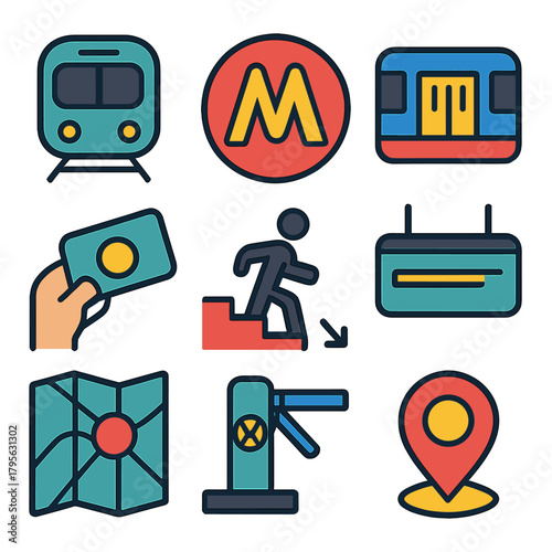 Colorful urban transit icons for subway and commuter navigation