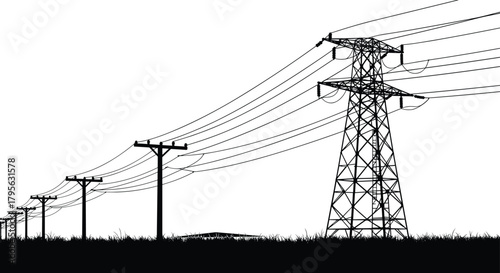 Silhouette electrical transmission poles leading to large steel tower, power lines across grassy landscape, vector illustration for energy distribution and utility industry stock content
