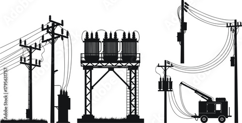 Silhouette electrical substation with transformers, utility poles, power lines, mobile crane utility vehicl