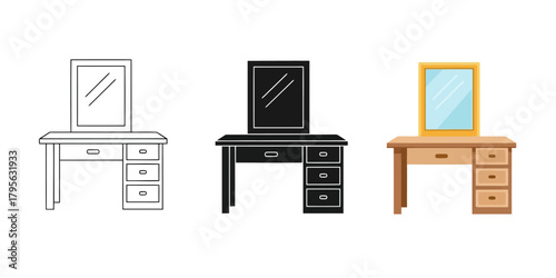 Elegant Vanity Table Vector Illustration in 3 Style, Line Art Silhouette and  Color Vector for Furniture Design and Interior Decoration projects showcasing style