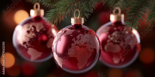 Rote Weihnachtskugeln mit Kontinenten-Motiv hängen vor Tannenzweigen mit warmem Bokeh-Hintergrund