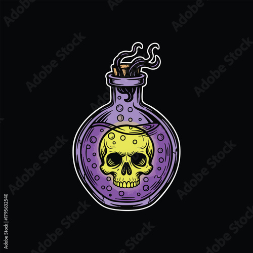 Skull in Potion Bottle Halloween Illustration