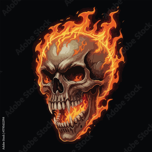 Fiery skull with flames and smoke art