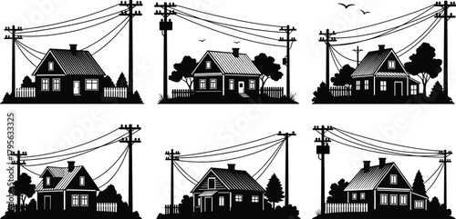 Silhouette houses with utility poles and overhead power lines, residential neighborhood electrical infrastructure vector illustration for stock content in energy and urban design