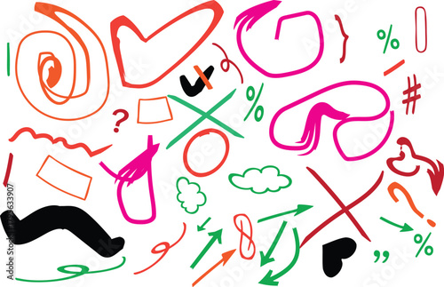 Colorful Hand Drawn Doodle Elements Collection on White Background Artistic and Playful Design