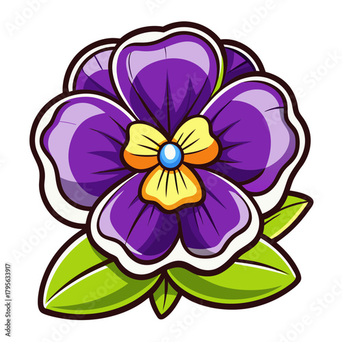 Illustration of a purple pansy flower with green leaves for botanical designs and springtime art