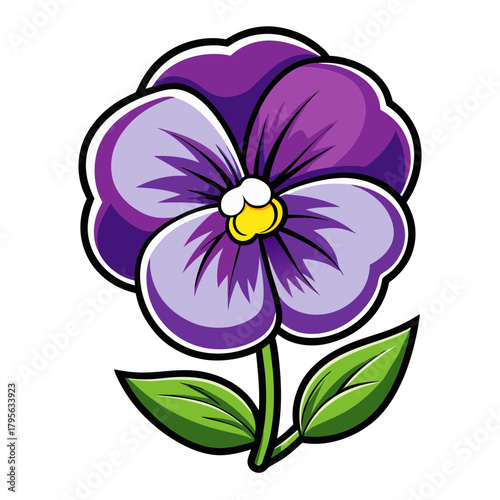 Illustration of a pansy flower drawing with purple petals and green leaves for garden design