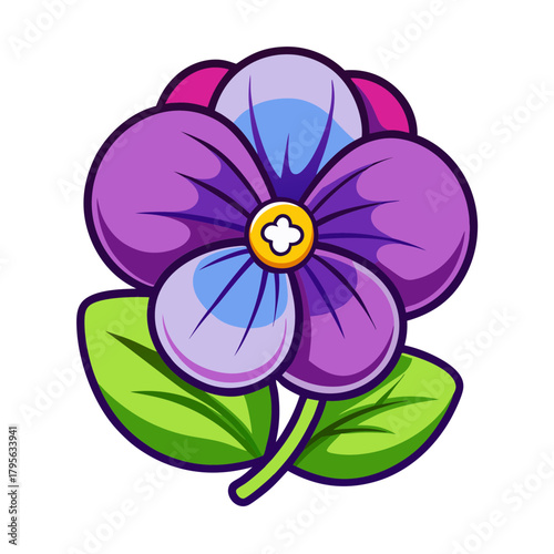 Illustration of a purple pansy flower drawing with green leaves for floral design projects