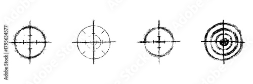 Crosshair Target Line Icon Set In Doodle Style. Precision, Focus, And Accuracy Symbol Outline Sketch Collection. Ideal For Gaming, Shooting, And Navigation. Hand Drawn Isolated Vector Illustration