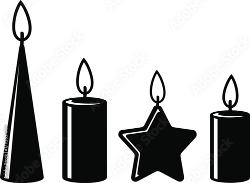 candle, flame, silhouette, vector, black, festive, light, wax, star, conical, cylindrical, holiday, decor, design, icon