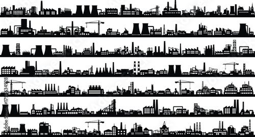 Silhouette industrial buildings with factories, smokestacks, cooling towers, refineries, construction cranes