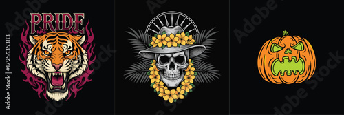 Illustrative Tiger Face with Flames and Decorative Elements