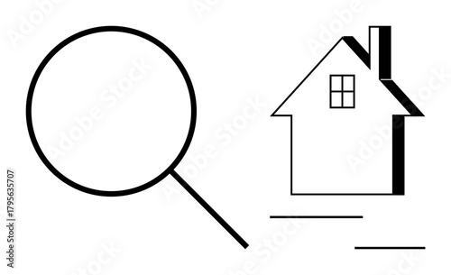 Magnifying glass pointing towards a simple house icon with chimney and window. Ideal for real estate, property search, home inspection, rent, housing market, buying, and minimal flat metaphor
