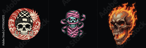 Diverse Skull Illustrations with Bold Stylized Graphics