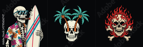 Skeleton with surfboard and cigar wearing Hawaiian shirt