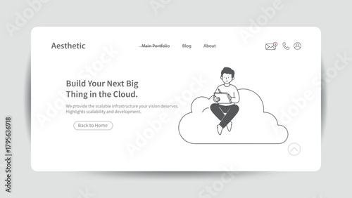 Website Cloud Computing Landing Page with Man Using Tablet on Cloud technology infrastructure