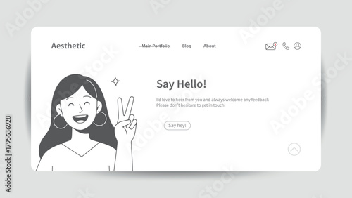 Website Landing Page with Cheerful Woman Waving and Saying Hello aesthetic interface