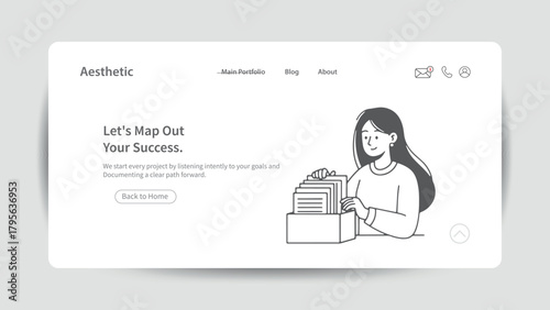 Woman organizing files in a box on a website interface illustration documents