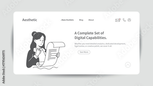 Woman Reading a Scroll Document with Focused Expression Keywords: woman, reading, scroll