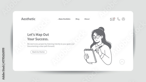 Woman with glasses writing in notebook planning success in website design strategy