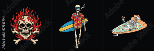 Skeleton designs with fire, surfboard, and pizza relaxation