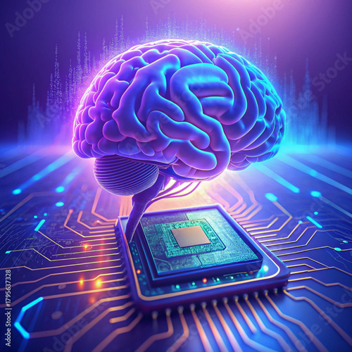 Futuristic 3D visual of an AI microchip or CPU on a circuit board, symbolizing data processing, machine learning, and technological innovation in a bright, ethereal environment