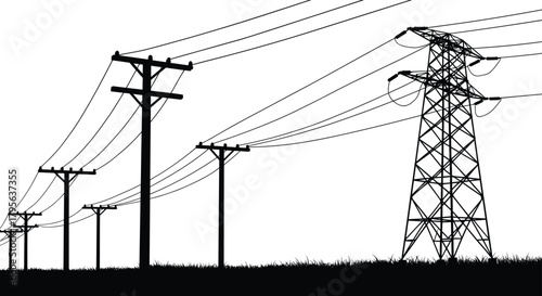 Silhouette transmission tower and utility poles with power lines, electricity distribution infrastructure perspective, vector illustration for energy grid and utility industry stock content