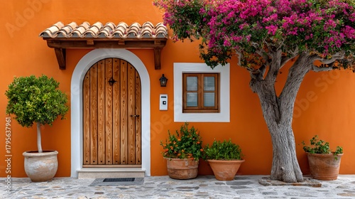 Fototapeta Naklejka Na Ścianę i Meble -  Orange house facade with blooming bougainvillea tree