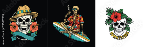 Skeleton Surfer with Tropical Flower and Skull Emblem