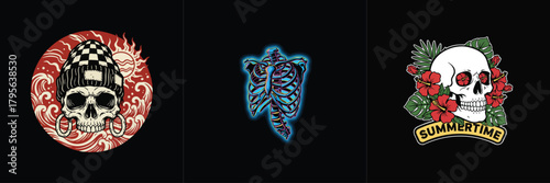Cool skull with beanie and waves, glowing rib cage, floral skull design