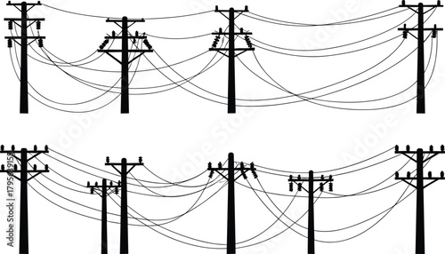 Silhouette utility poles with multiple electrical power lines, insulators, crossarms, energy distributio