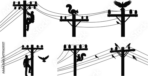 Silhouette utility poles with workers, birds, and squirrels interacting on power lines, wildlife coexistence with electrical infrastructure, vector illustration for stock energy content