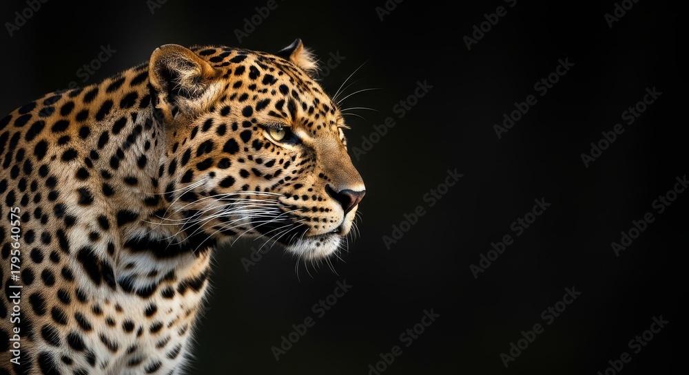 Obraz premium Leopard Portrait on Black Background - A striking portrait of a leopard against a black background, highlighting its beautiful coat and intense gaze